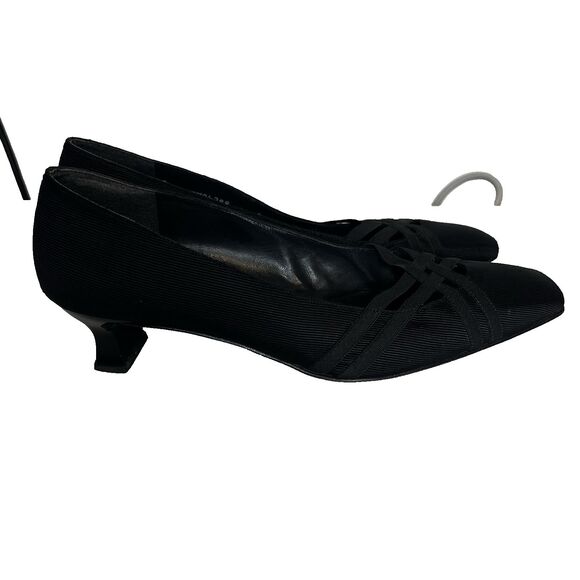 Stuart Weitzman Shoes Kitten Heels Size 9 Black Fabric Cross Over Bands On Front - Picture 1 of 8
